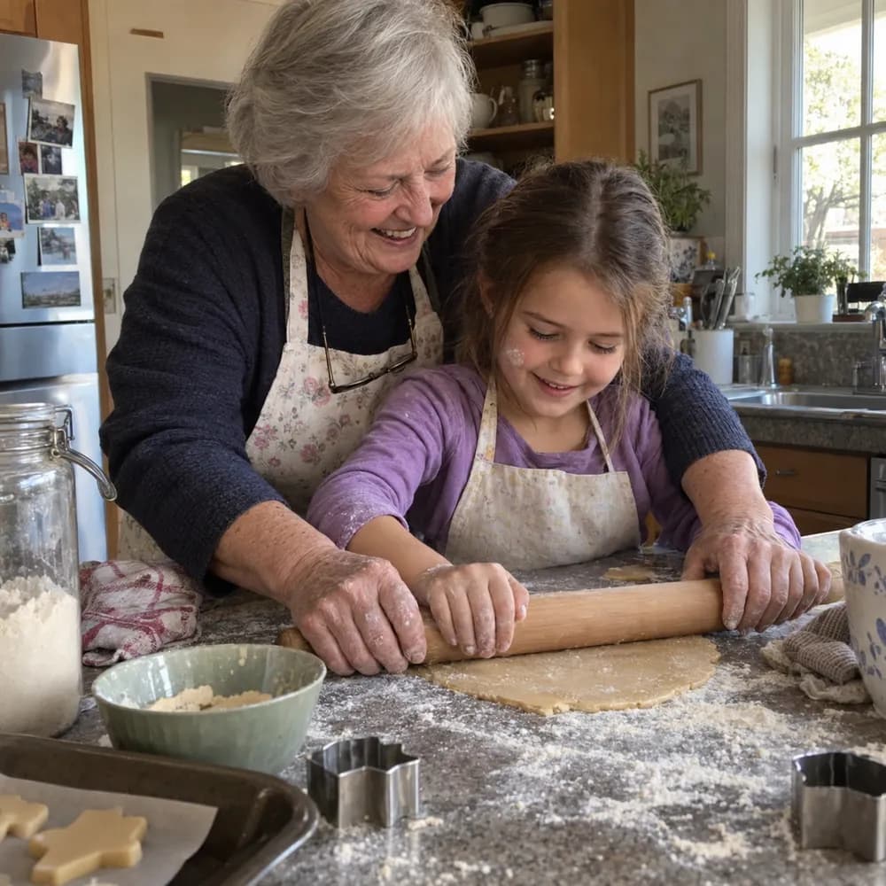 A grandmother and her granddaughter rolling out cookie dough together
