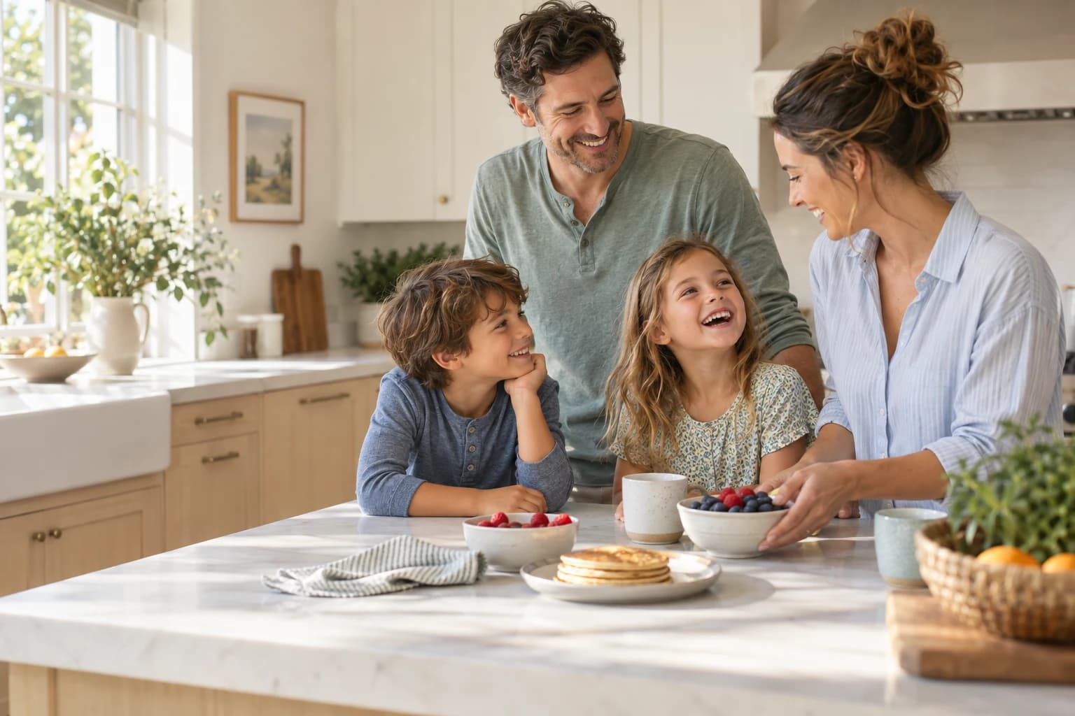 Parents and two children laughing together over breakfast in a sunlit kitchen
